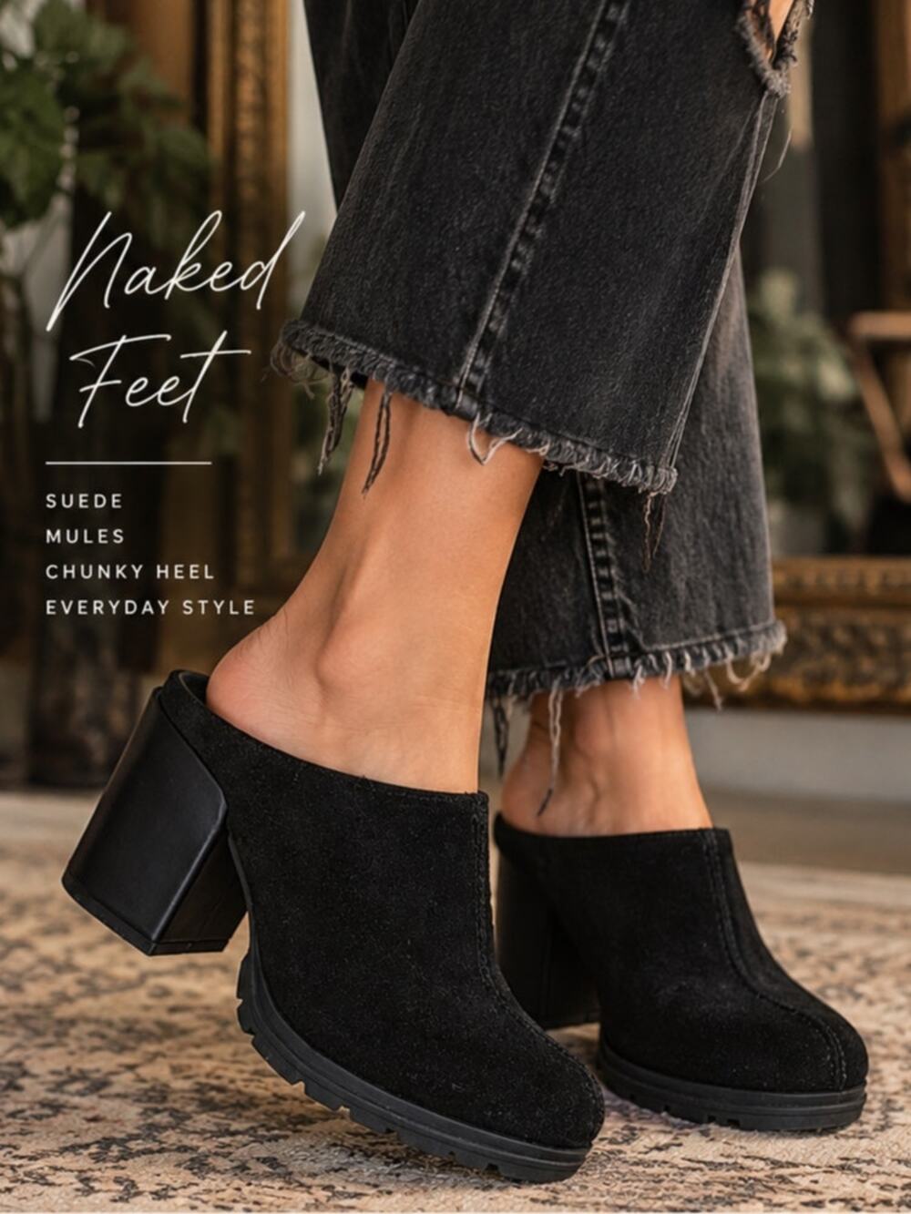 Naked Feet Proper Black Suede Mule Clogs Size 8 Block Heel 90s Minimalist Grunge